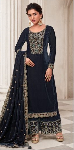 INAYA- NAVY BLUE PREMIUM VELVET EMBROIDERY DRESS MATERIAL