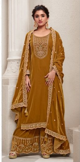 INAYA- MUSTARD PREMIUM VELVET EMBROIDERY DRESS MATERIAL