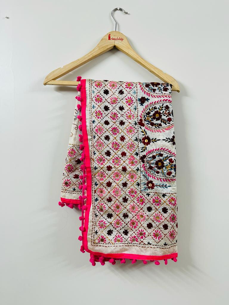 Chanderi Cotton Dupatta With Pom Pom