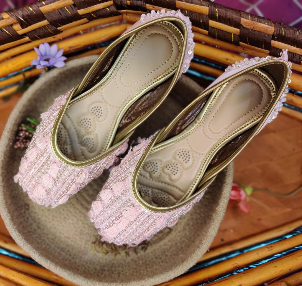 Light Pink Colour Jutti With Heavy Beads & Hanging Thread Work