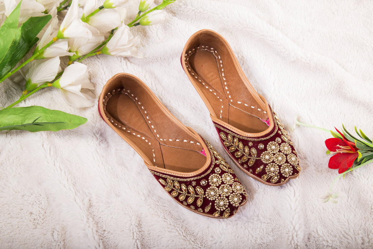 Pure Leather Maroon Colour Jutti with Golden Beads work