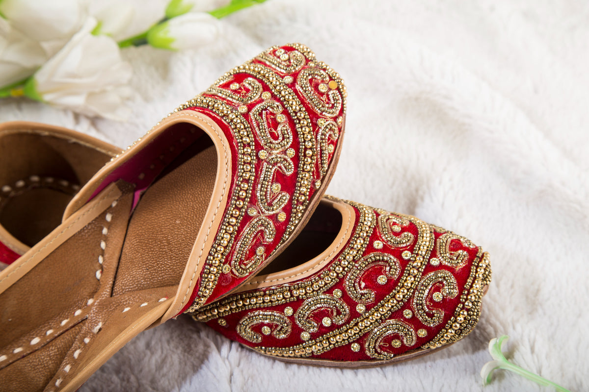 Pure Leather Red Colour Jutti with Golden Beads work