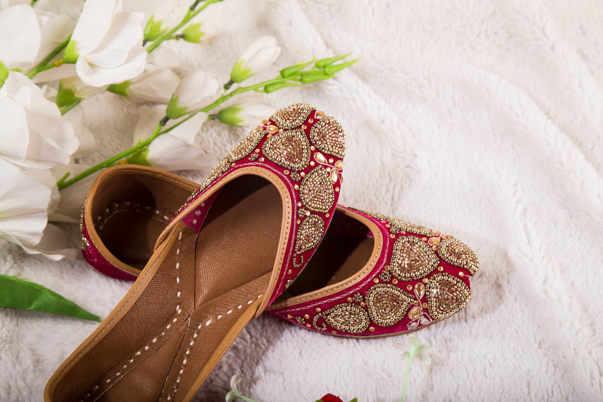 Pure Leather Rani Pink Jutti with Beads Work