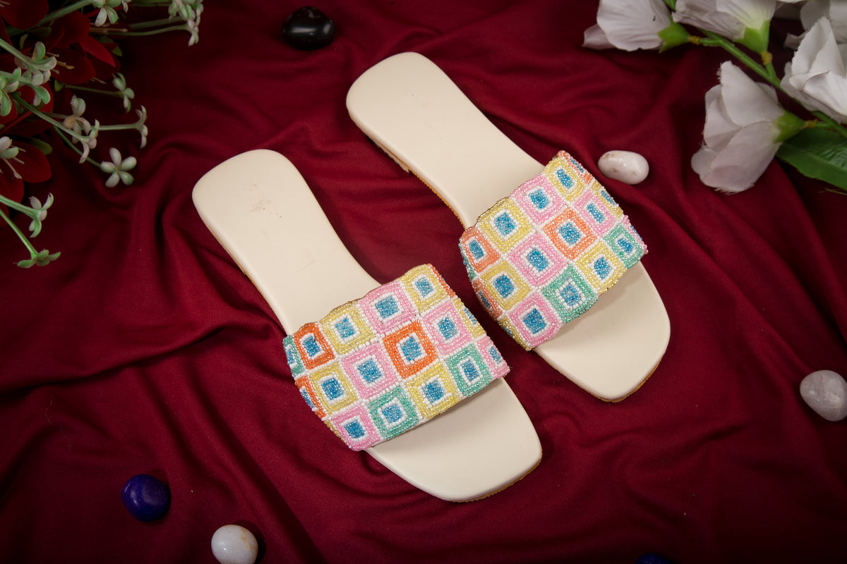 Handcrafted Flat Sandals with Multicolor Square Pattern Beads