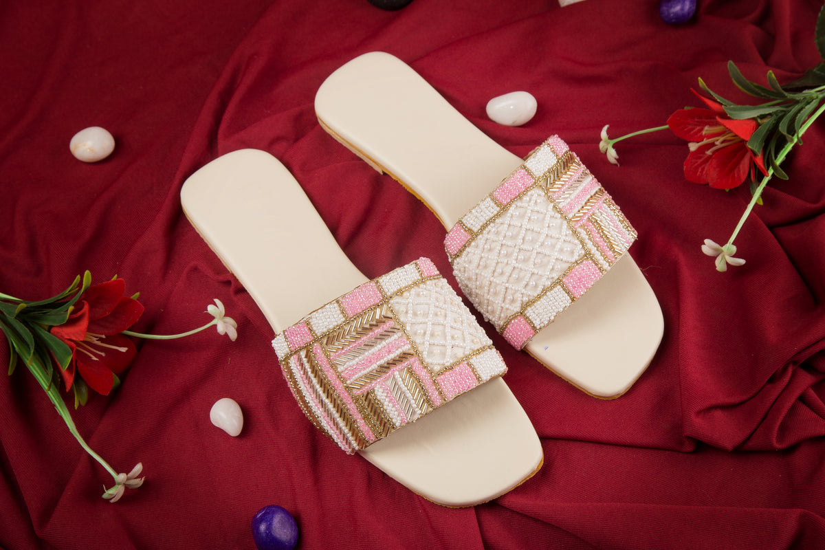 Handcrafted Flat Sandals with Pink, White & Golden Pattern Pearl & Beads