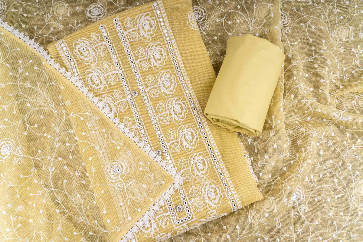 Unstitched Pakistani Kota Doriya Yellow Suit with thread embroidery