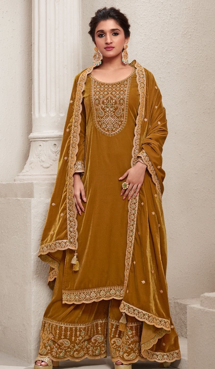 INAYA- MUSTARD PREMIUM VELVET EMBROIDERY DRESS MATERIAL