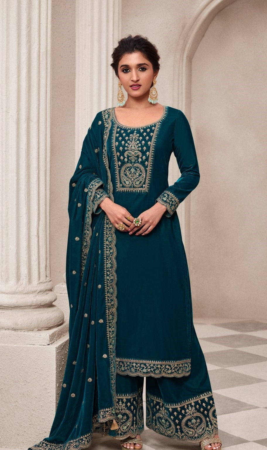 INAYA- Teal PREMIUM VELVET EMBROIDERY DRESS MATERIAL