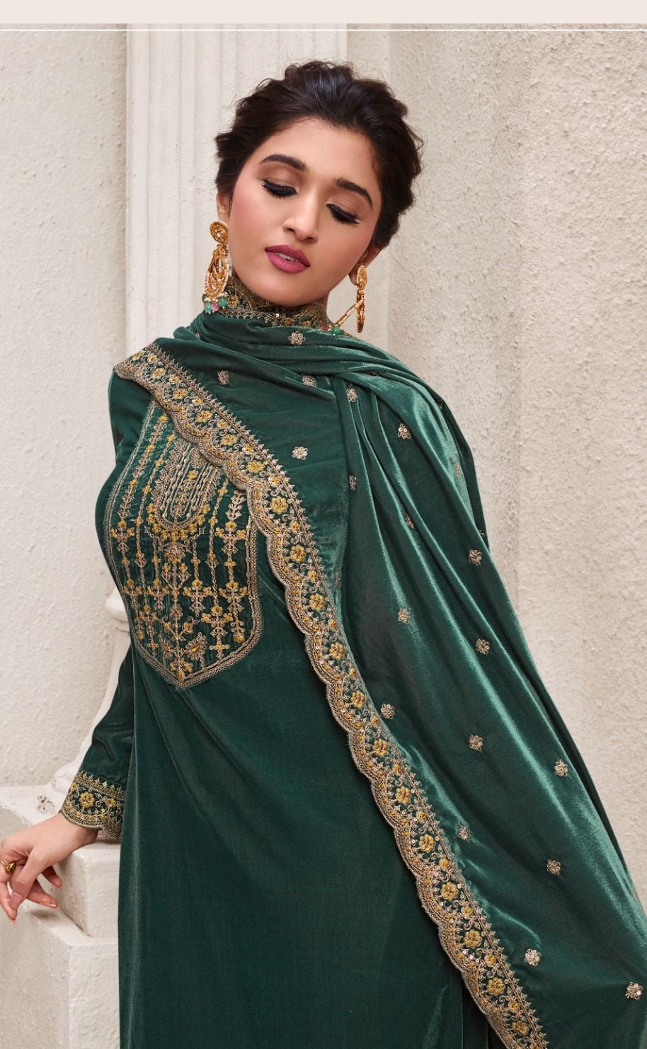 INAYA- GREEN PREMIUM VELVET EMBROIDERY DRESS MATERIAL